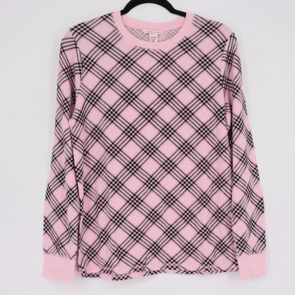 Victoria's Secret Pretty Blossom Lovely Plaid Pink Thermal Pajama Set Size L NWT